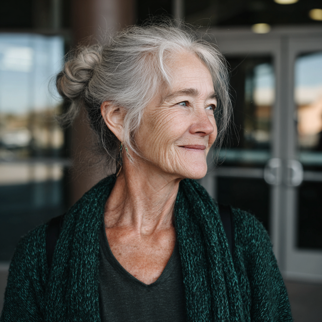 Eine lächelnde Frau, die vor einem Gemeindezentrum steht | Quelle: Midjourney