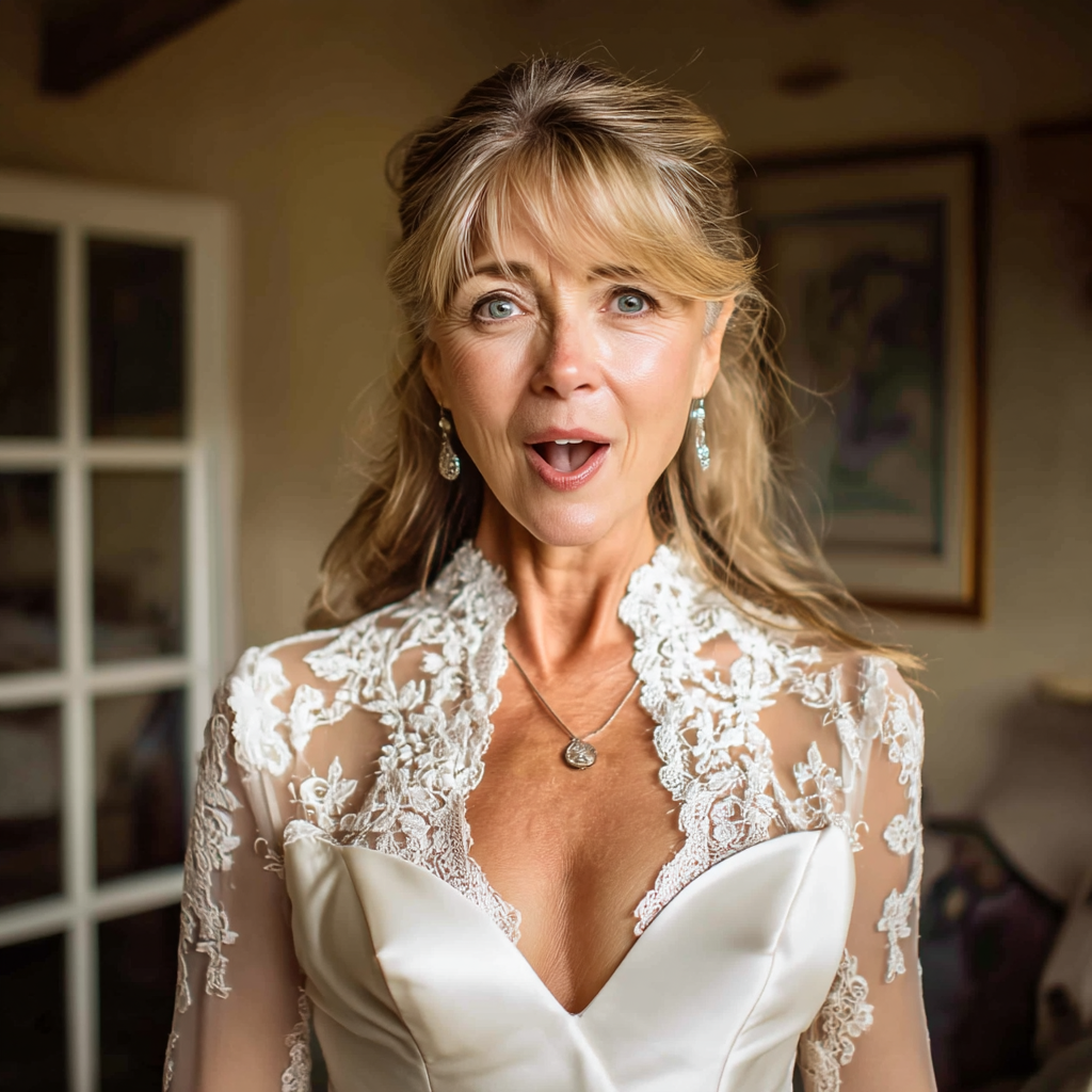 Eine überraschte Frau in einem Brautkleid | Quelle: Midjourney
