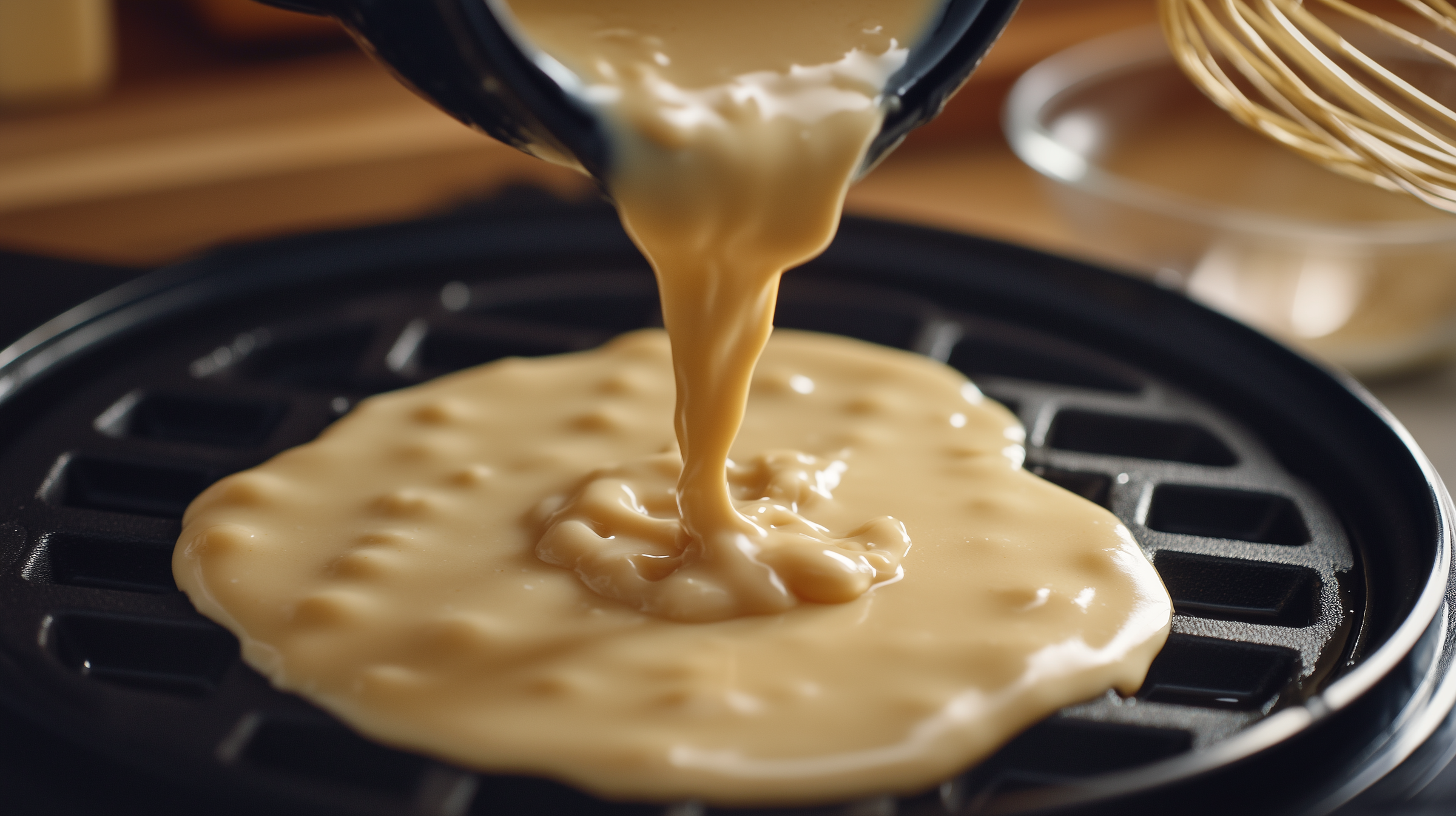Waffelteig wird auf ein Waffeleisen gegossen | Quelle: Midjourney