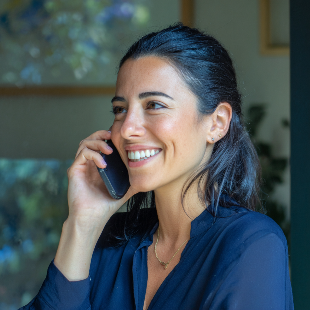 Eine lächelnde Frau, die am Telefon spricht | Quelle: Midjourney