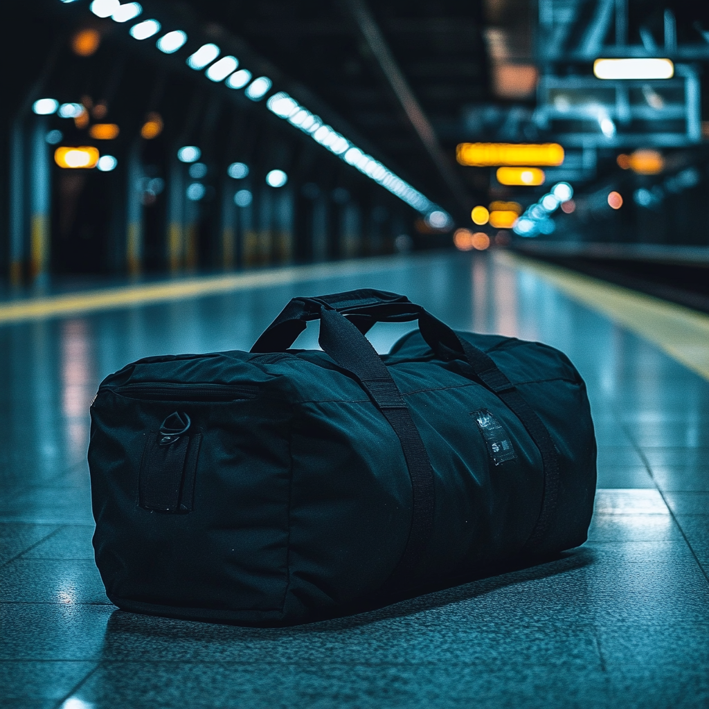 Ein schwarzer Seesack in einem Bahnhof | Quelle: Pexels