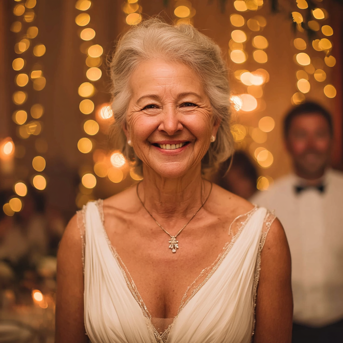 Eine ältere Frau in einem weißen Kleid bei einer Hochzeit | Quelle: Midjourney