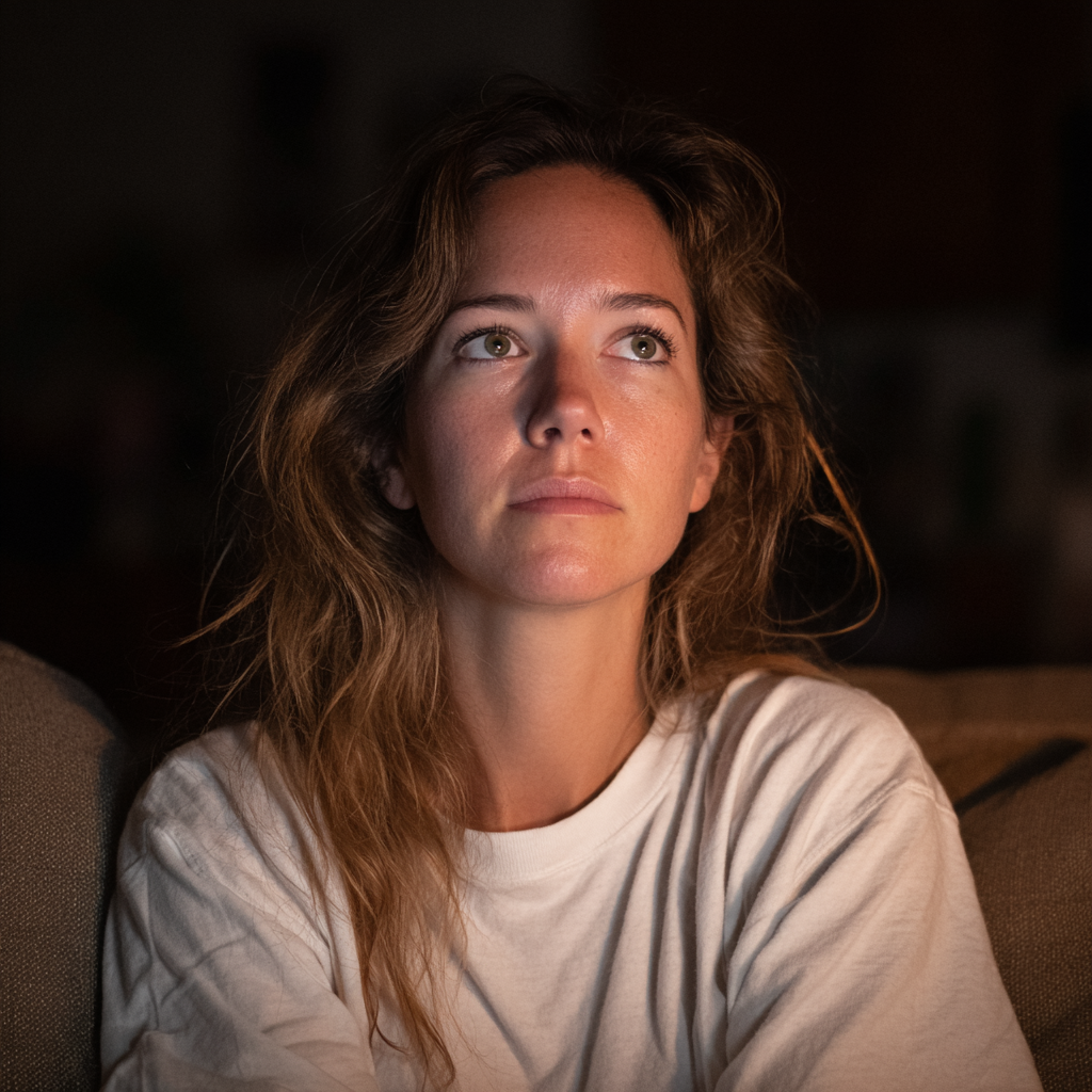 Eine nachdenkliche Frau sitzt auf einer Couch | Quelle: Midjourney