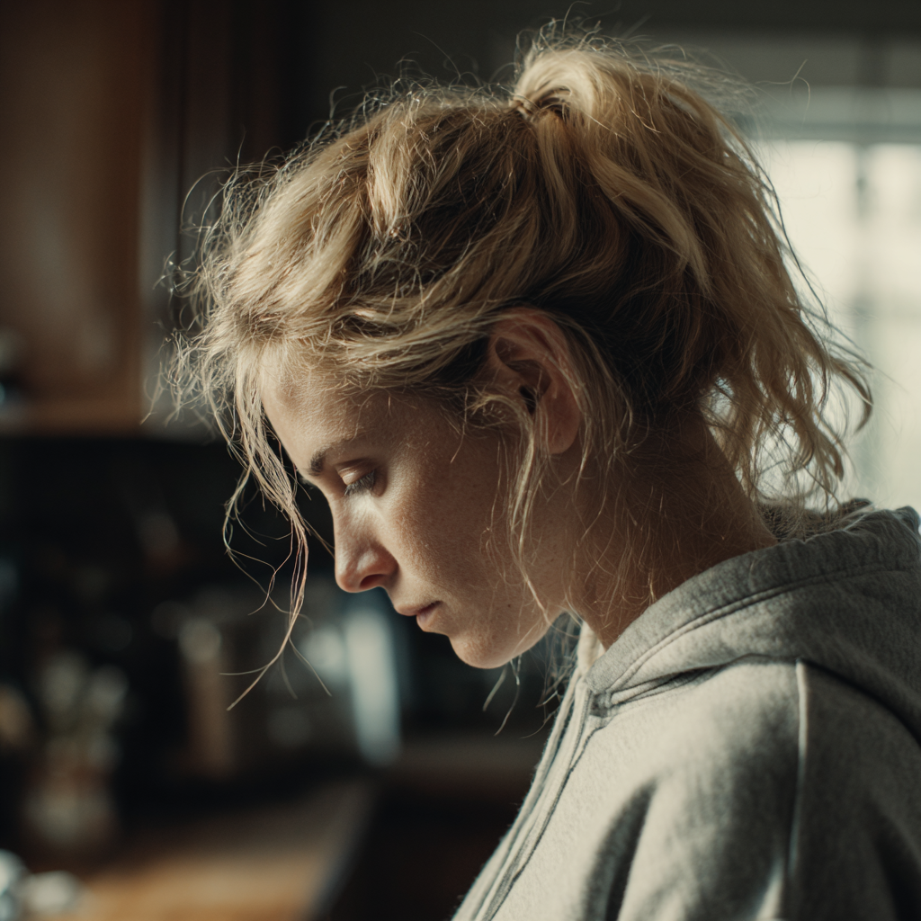 Eine besorgte Frau, die in einer Küche steht | Quelle: Midjourney