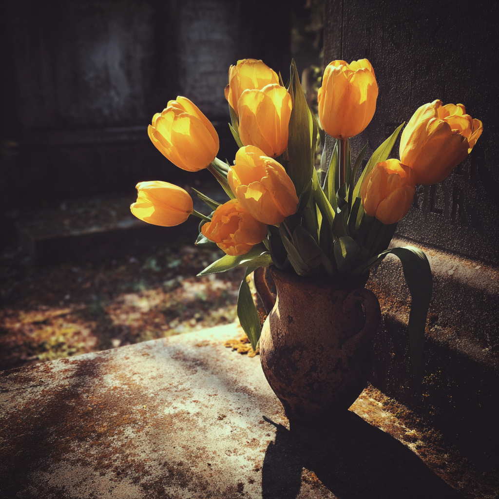 Eine Vase mit gelben Tulpen an einem Grabstein | Quelle: Midjourney