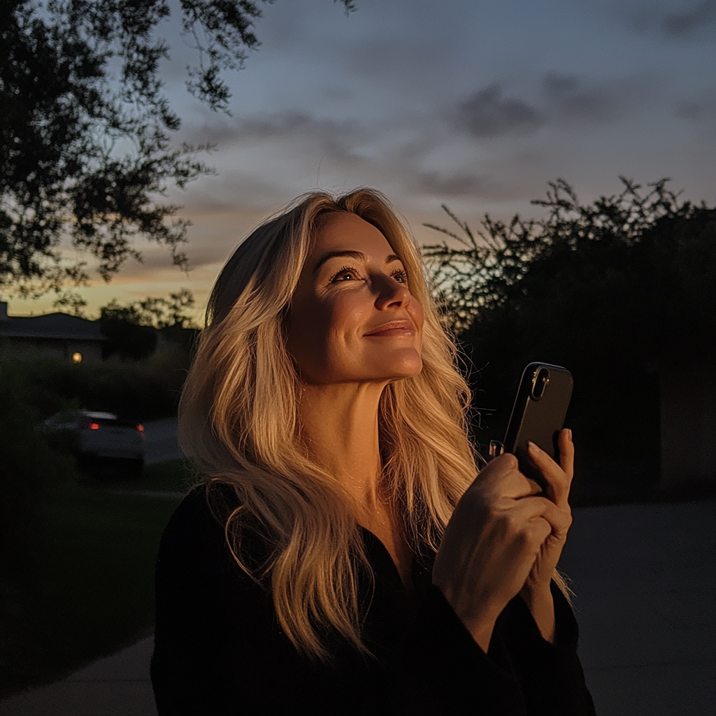 Eine Frau hält ihr Telefon hoch | Quelle: Midjourney