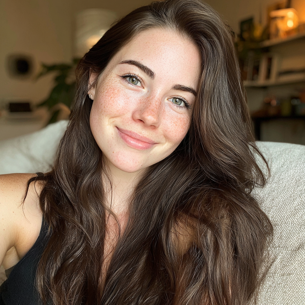 Eine lächelnde Frau, die auf einer Couch sitzt | Quelle: Midjourney