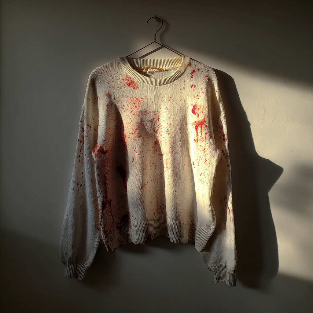 Ein fleckiger Pullover auf einem Kleiderbügel | Quelle: Midjourney