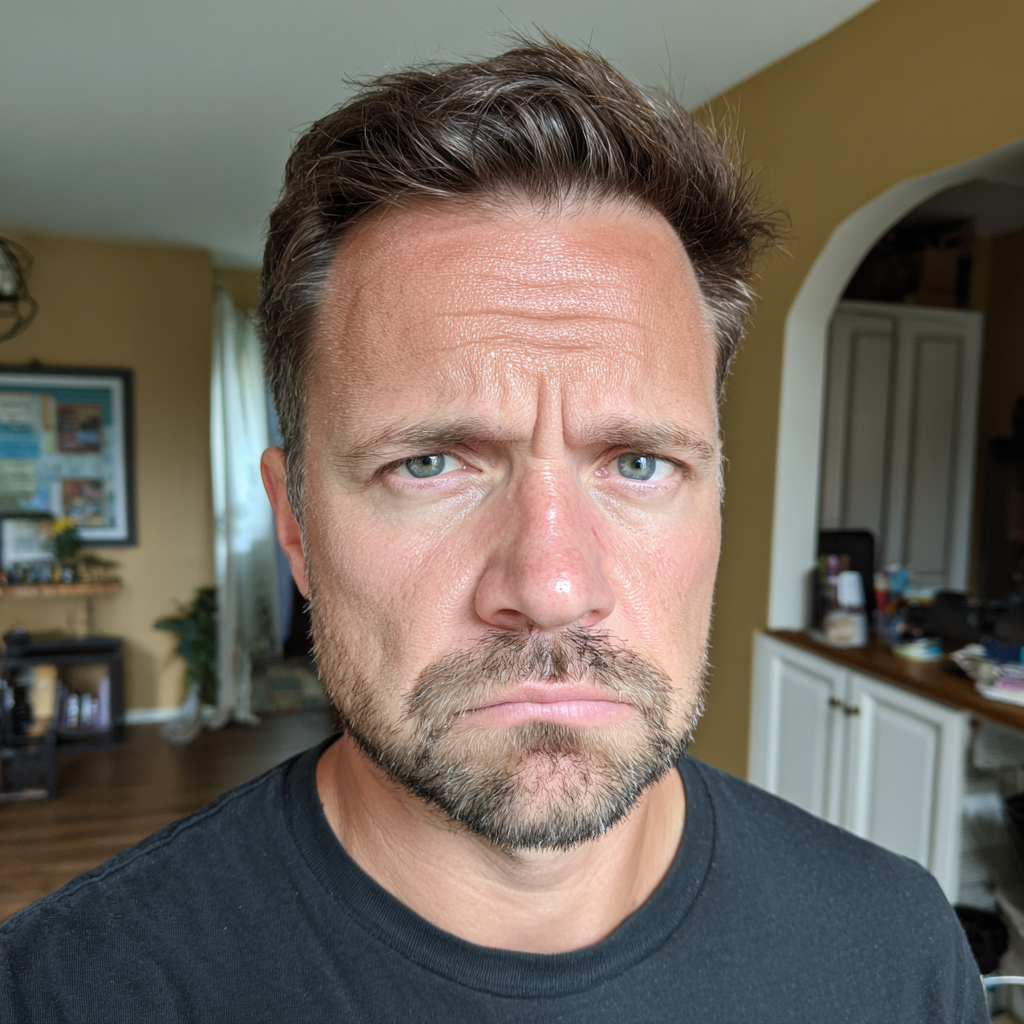 Eine Nahaufnahme eines stirnrunzelnden Mannes | Quelle: Midjourney