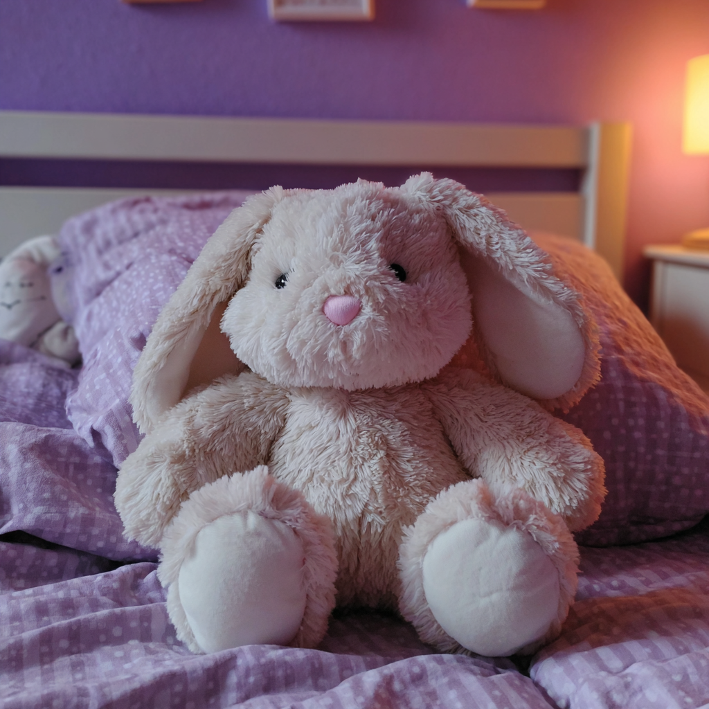 Ein ausgestopfter Hase auf einem Bett | Quelle: Midjourney