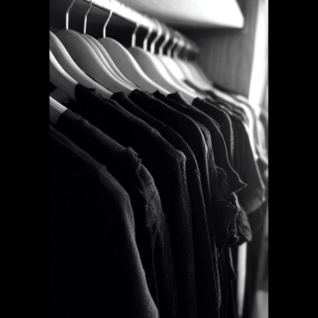 Eine Reihe schwarzer Kleidung in einem Kleiderschrank | Quelle: Midjourney