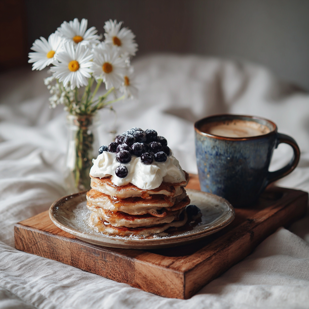 Ein Frühstückstablett mit Pfannkuchen und Kaffee | Quelle: Midjourney