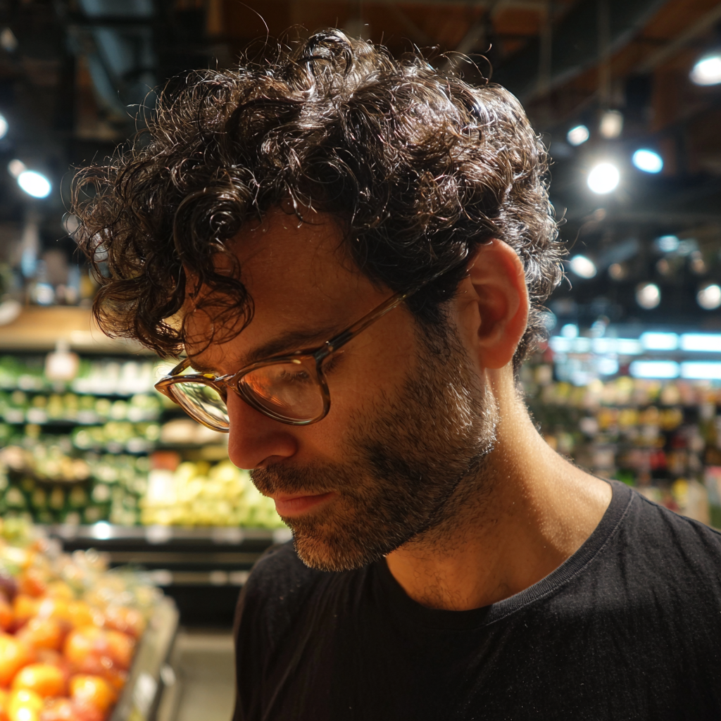 Ein nachdenklicher Mann in einem schwarzen T-Shirt | Quelle: Midjourney