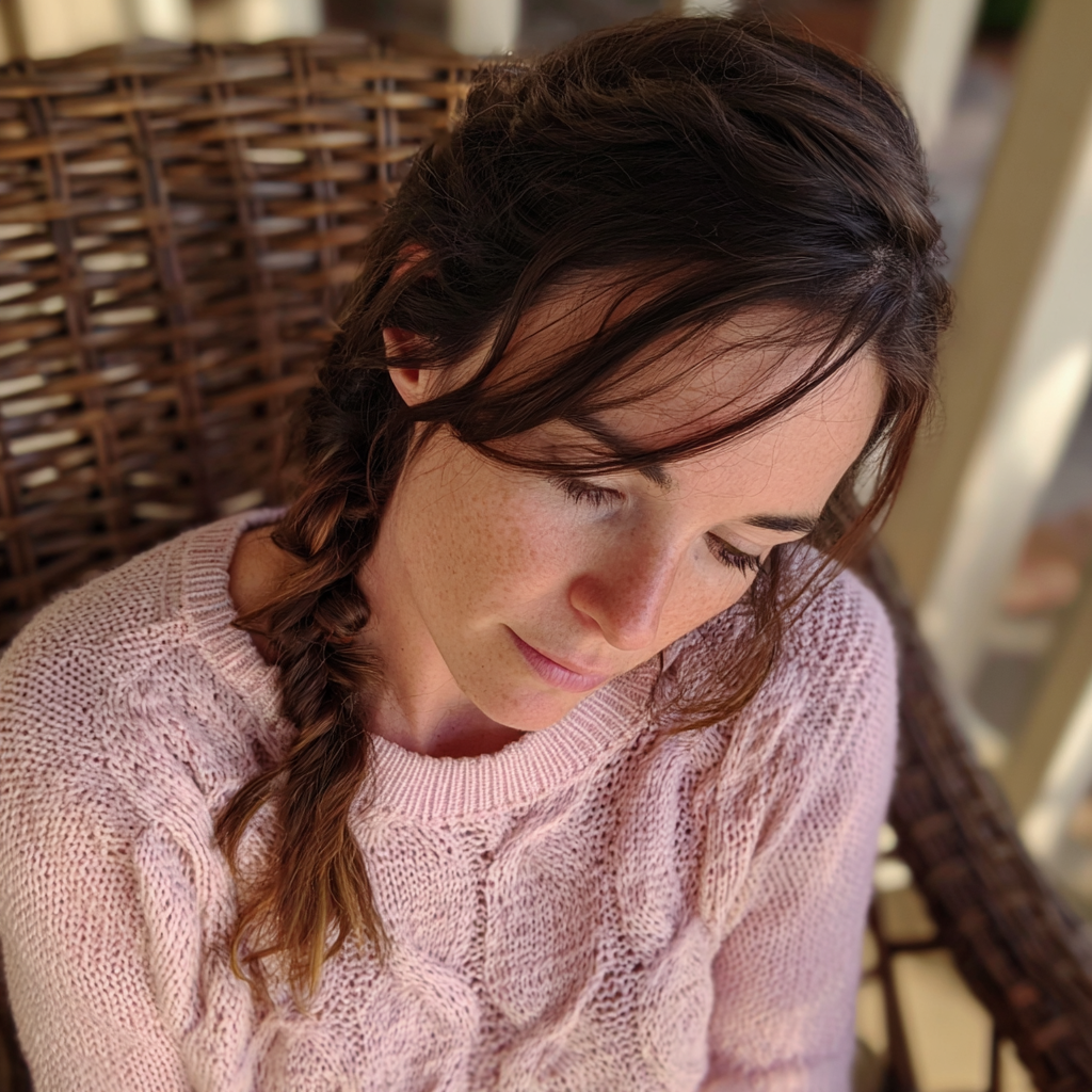 Eine Frau, die einen blassrosa Pullover trägt | Quelle: Midjourney