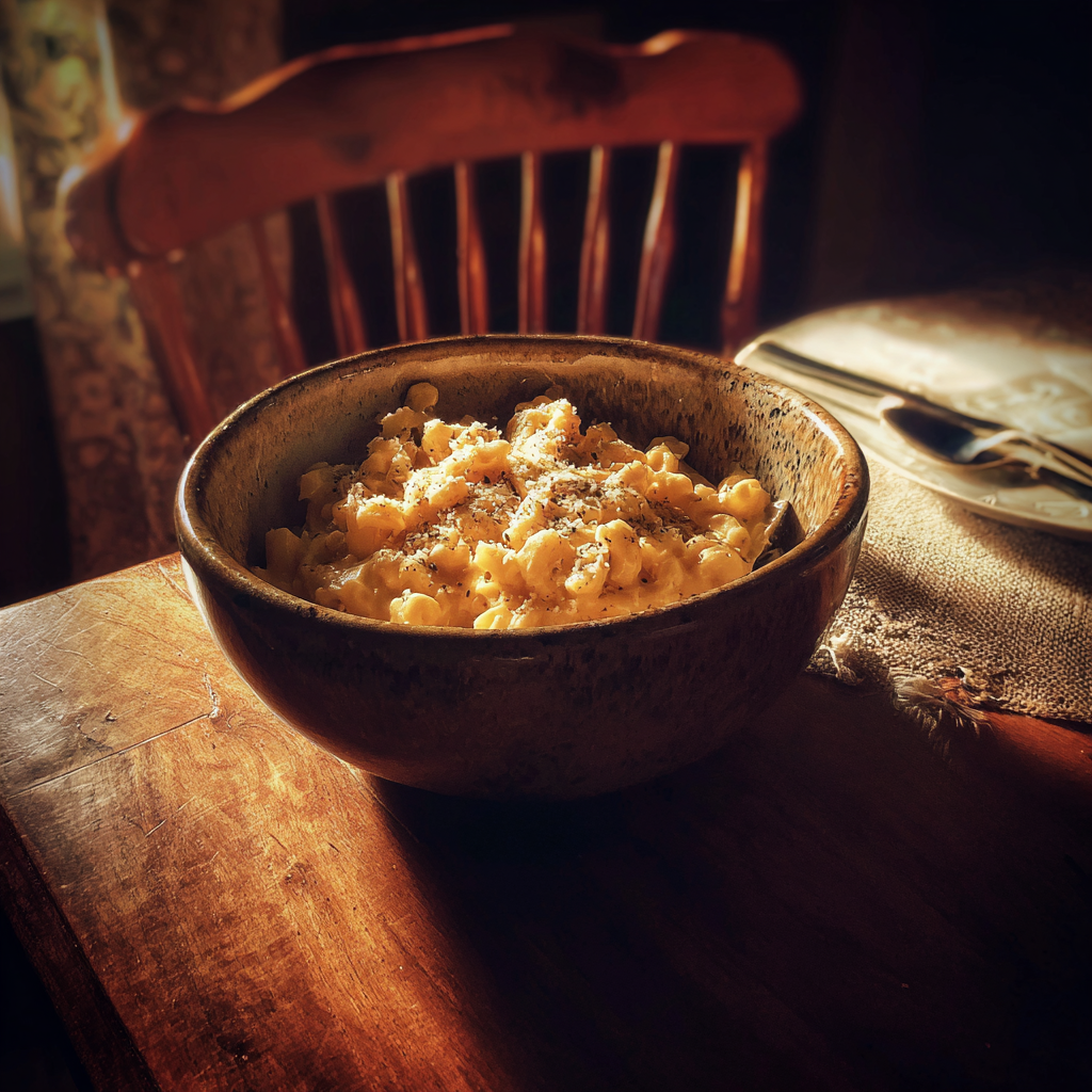 Eine Schüssel mit Makkaroni und Käse auf einem Tisch | Quelle: Midjourney