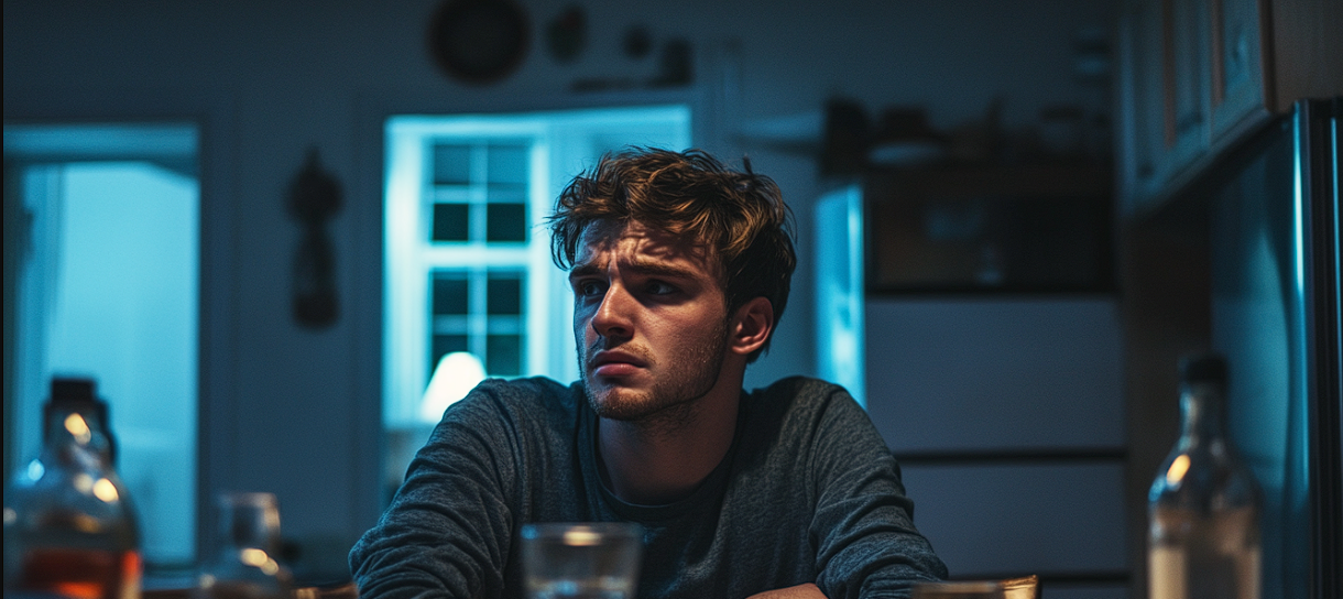 Ein Mann, der während eines Gesprächs beim Abendessen traurig auf jemanden starrt | Quelle: Midjourney