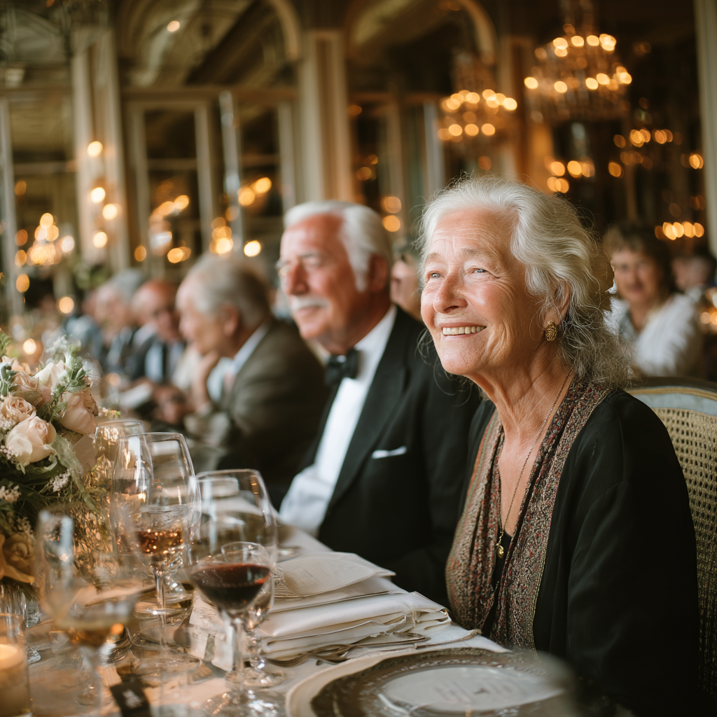 Eine glückliche Frau mit Gästen bei einer Hochzeit | Quelle: Midjourney