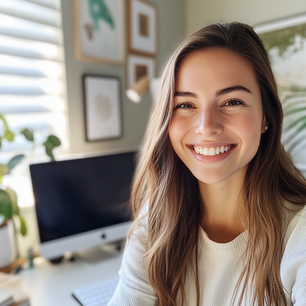 Eine lächelnde junge Frau in einem Büro | Quelle: Midjourney