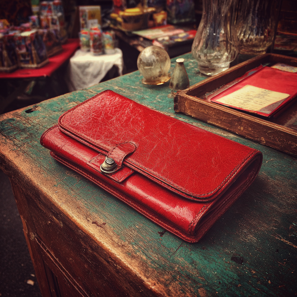 Eine alte rote Lederhandtasche auf einem Holztisch | Quelle: Midjourney