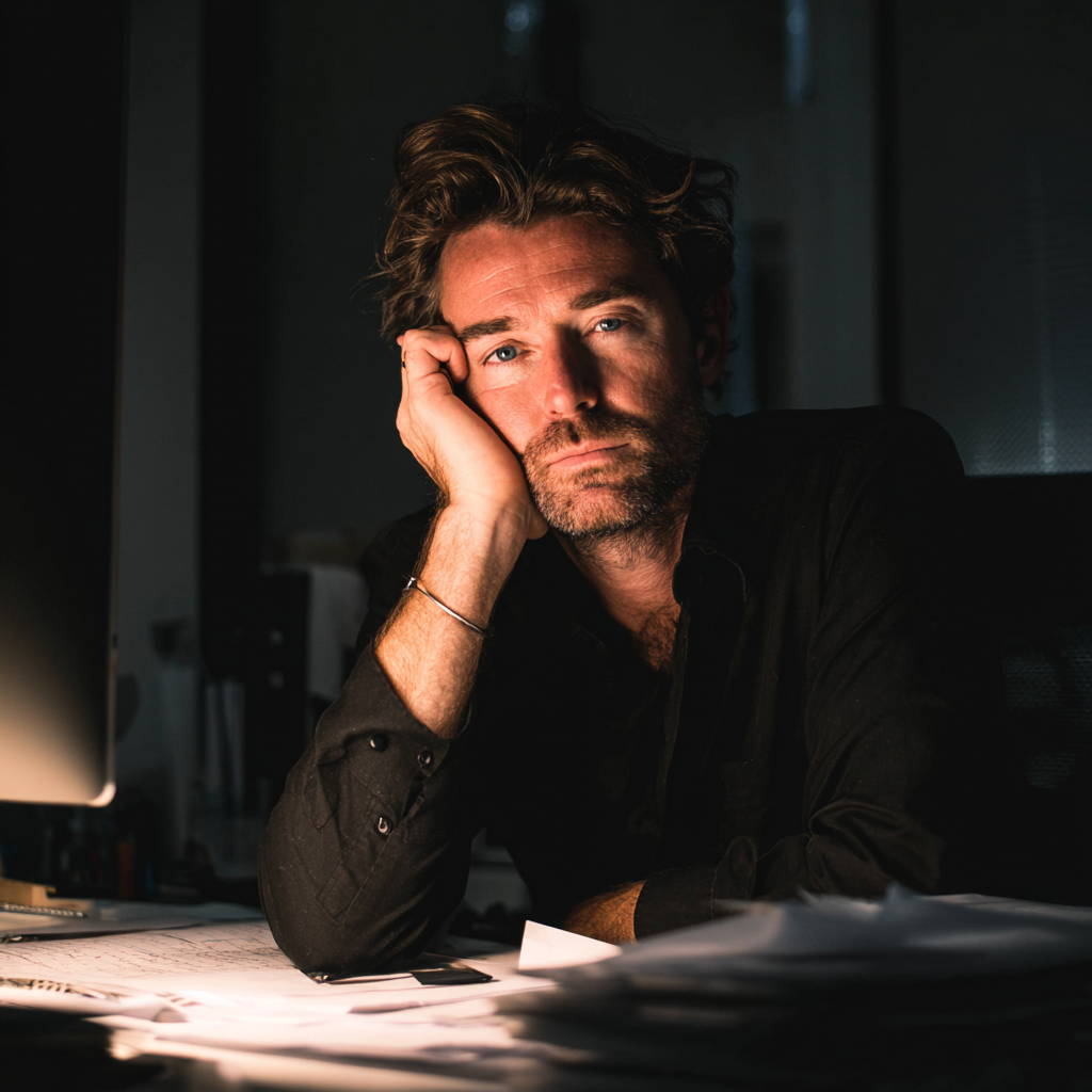 Ein frustrierter Mann, der ein schwarzes formelles Hemd trägt | Quelle: Midjourney