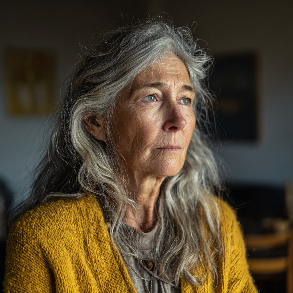 Eine besorgte alte Frau, die in einem Wohnzimmer steht | Quelle: Midjourney