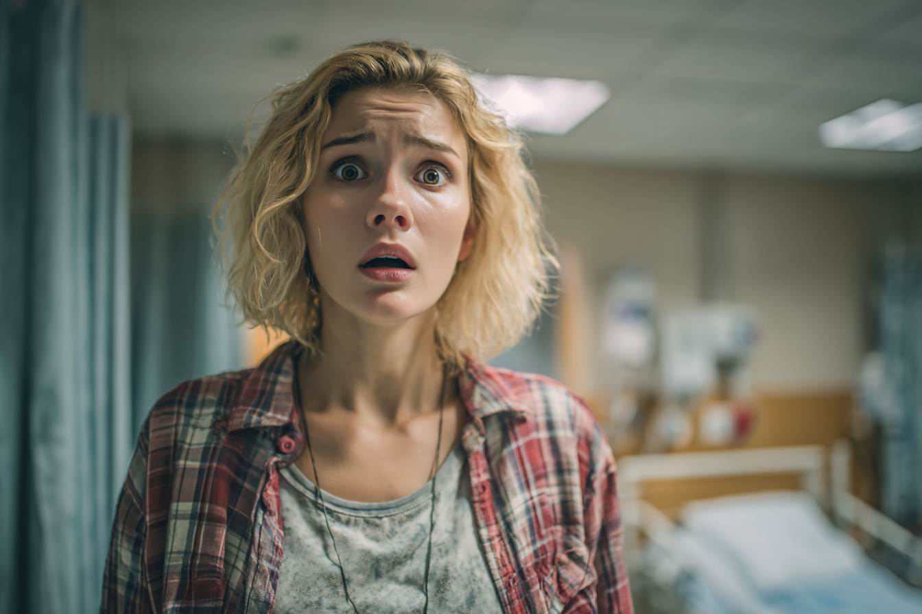 Eine geschockte Frau in einem Krankenhauszimmer | Quelle: Midjourney