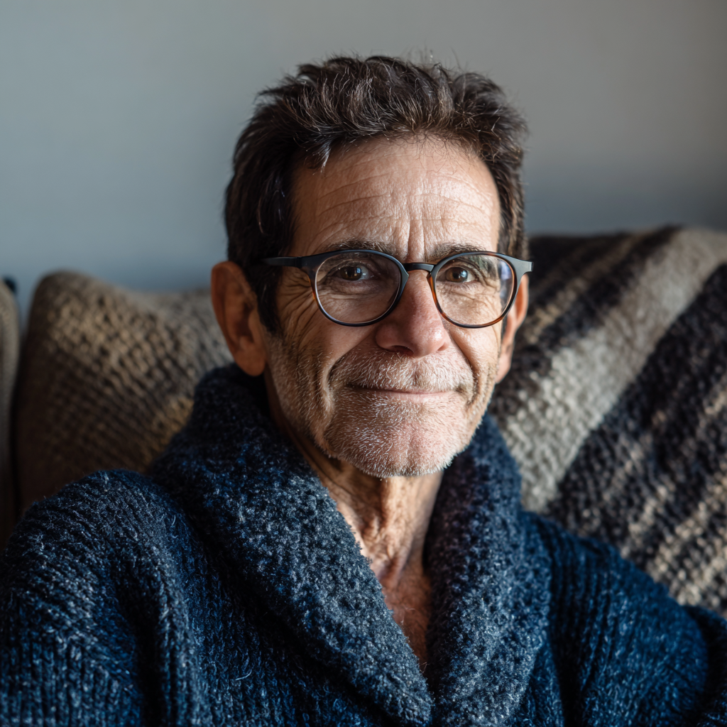 Ein lächelnder älterer Mann sitzt auf einer Couch | Quelle: Midjourney
