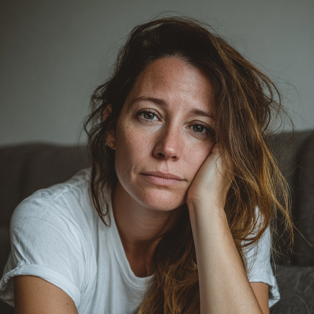 Eine emotionale Frau, die auf einer Couch sitzt | Quelle: Midjourney