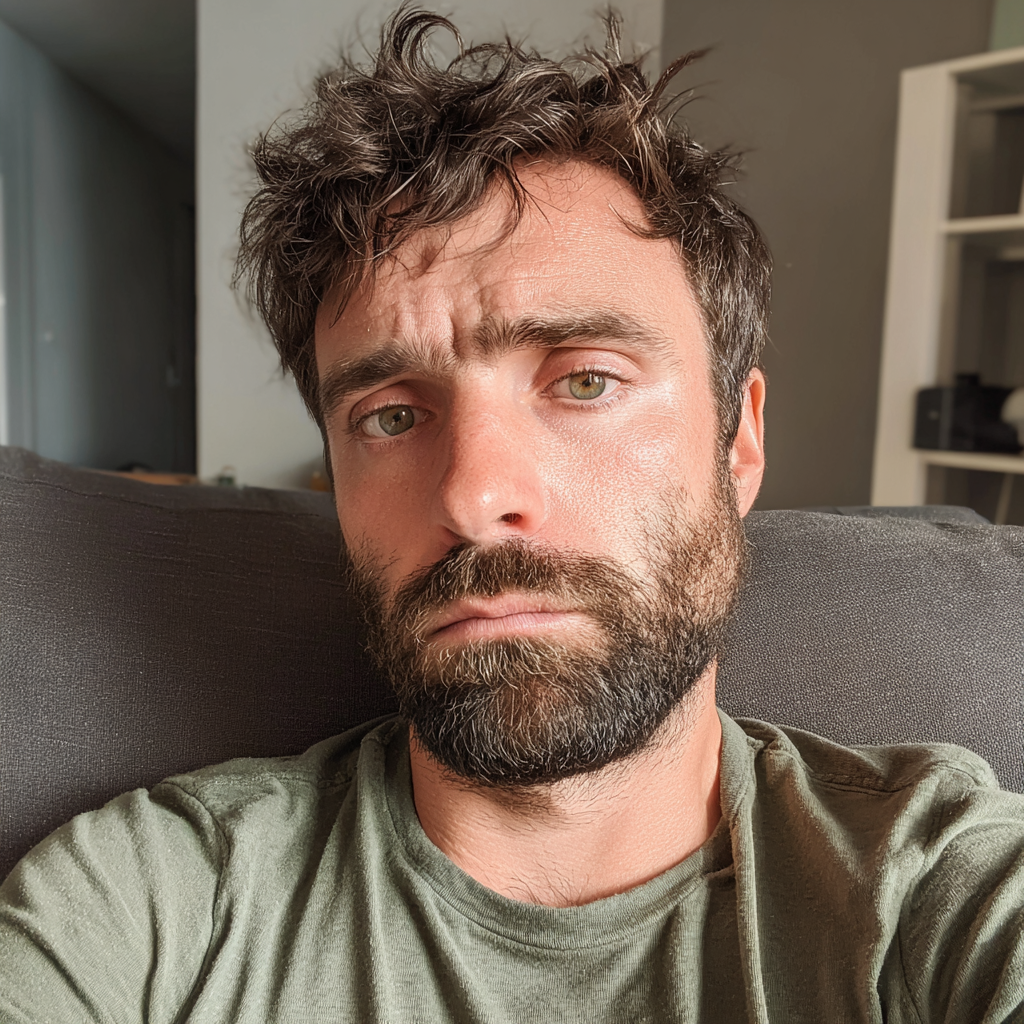 Ein emotionaler Mann, der auf einer Couch sitzt | Quelle: Midjourney