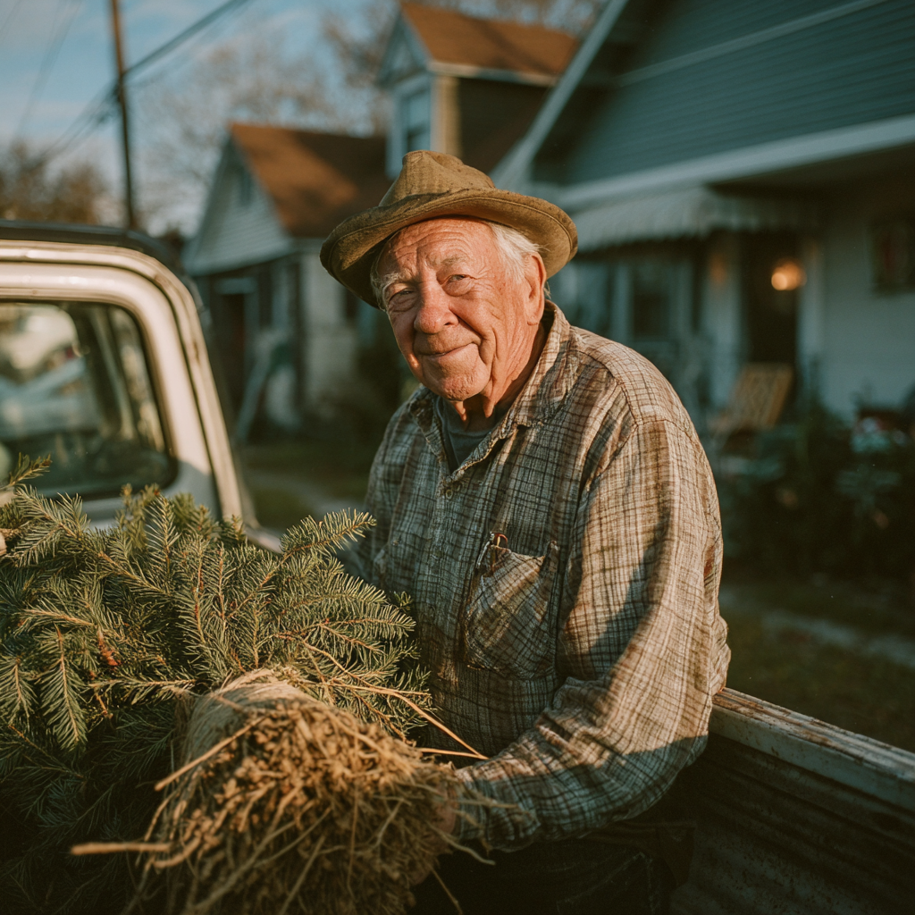 Ein Mann, der einen Weihnachtsbaum abgibt | Quelle: Midjourney