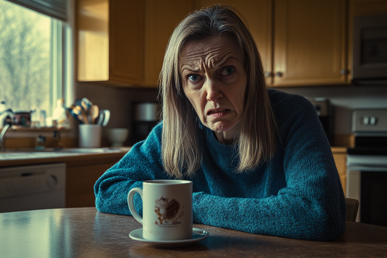 Eine Frau mit einem Kaffeebecher, die an einem Küchentisch sitzt und wütend aussieht | Quelle: Midjourney
