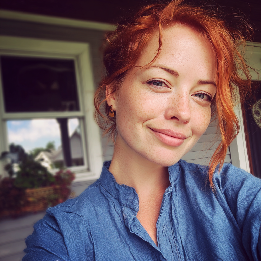 Eine lächelnde Frau, die auf einer Veranda steht | Quelle: Midjourney