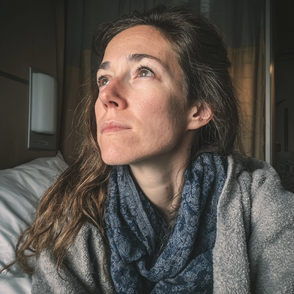 Eine Nahaufnahme einer Frau in einem grauen Gewand | Quelle: Midjourney