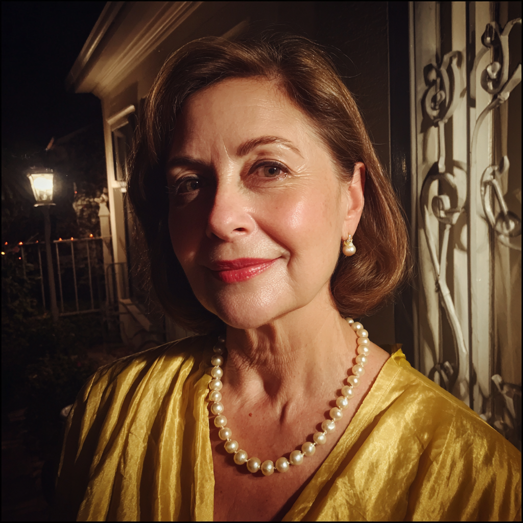 Eine lächelnde Frau, die an einer Haustür steht | Quelle: Midjourney