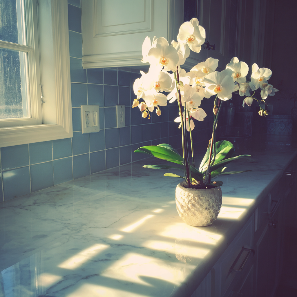 Eine weiße Orchidee auf einer Küchentheke | Quelle: Midjourney