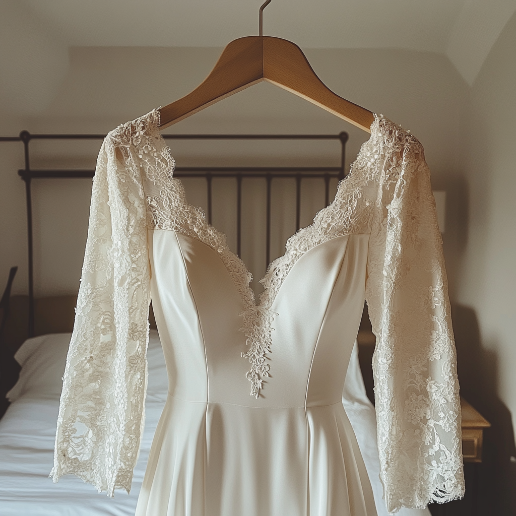 Ein Hochzeitskleid auf einem Kleiderbügel | Quelle: Midjourney