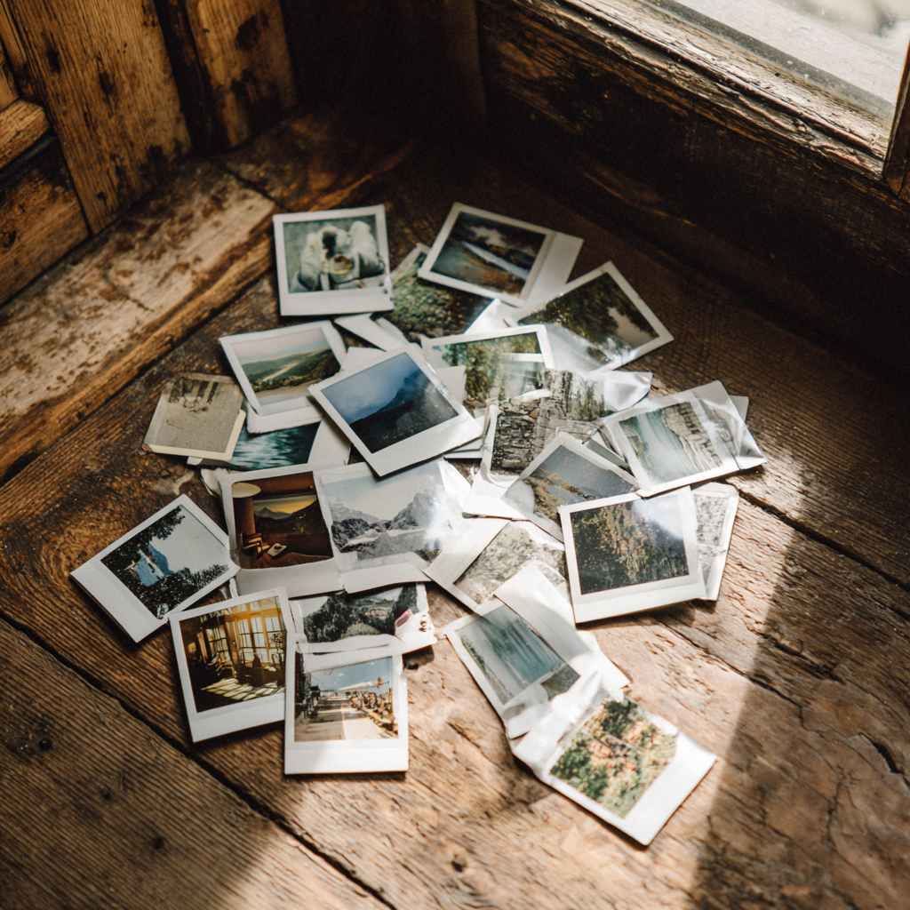 Polaroid-Fotos auf dem Boden einer Hütte verstreut | Quelle: Midjourney