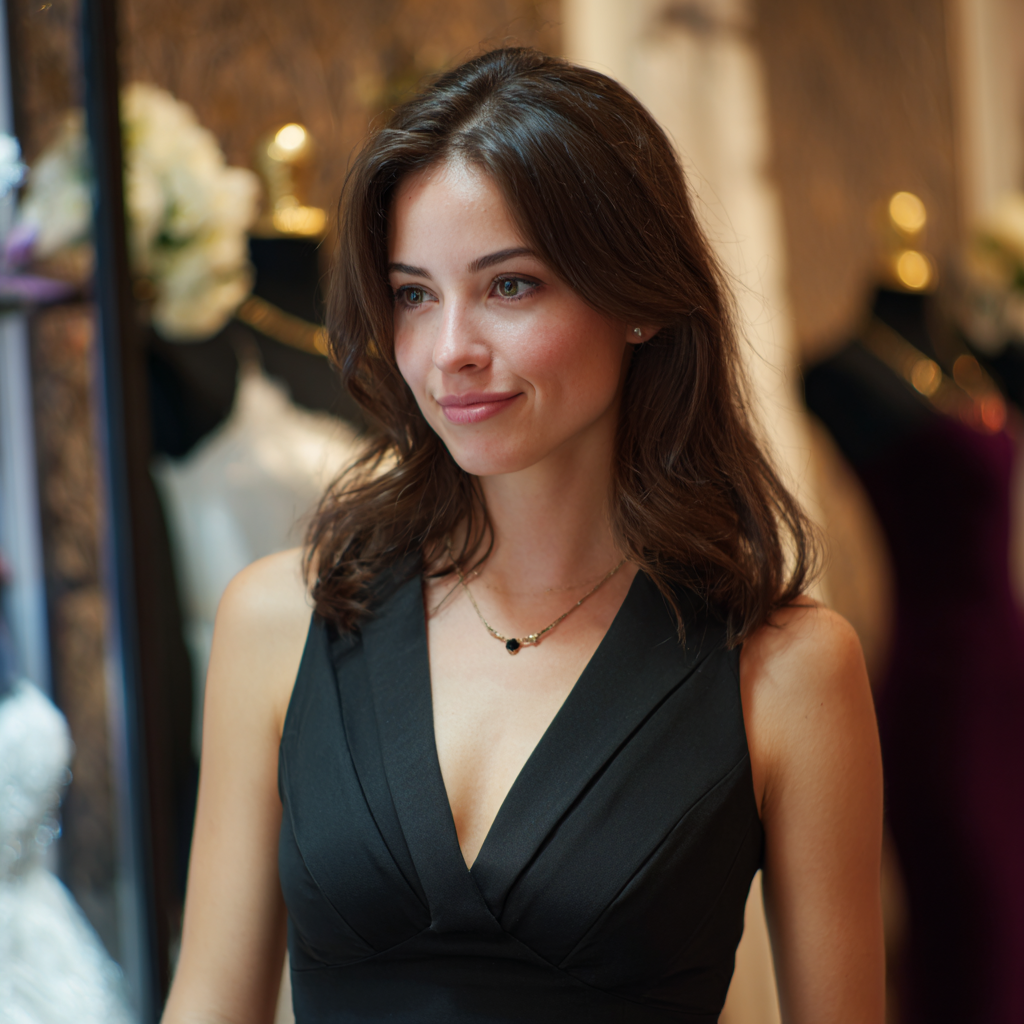 Eine amüsierte Frau in einem schwarzen Kleid | Quelle: Midjourney