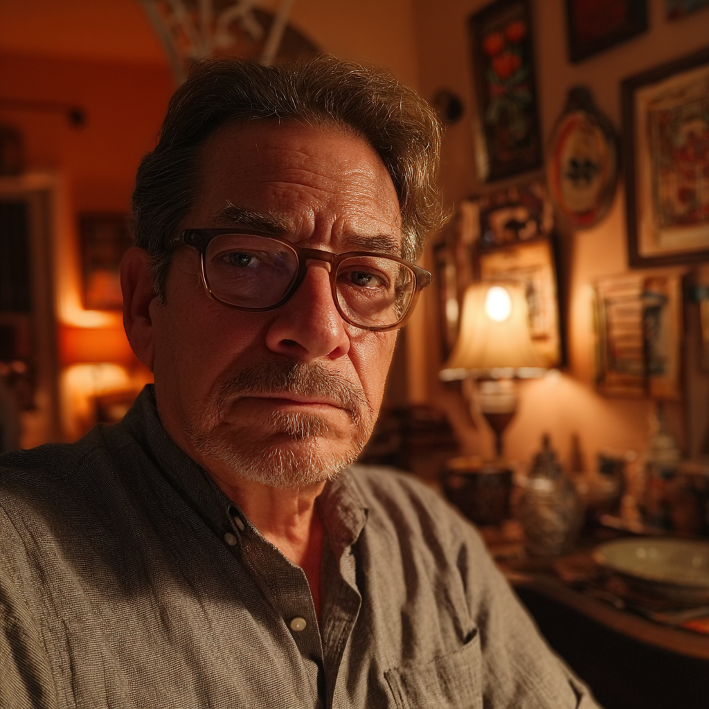 Eine Nahaufnahme eines älteren Mannes, der an einem Tisch sitzt | Quelle: Midjourney