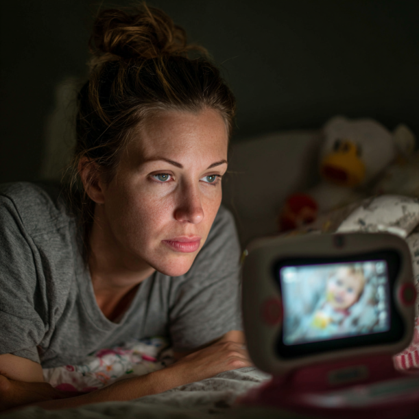 Eine Mutter, die auf ihr Babyphone starrt, während sie nachdenkt | Quelle: Midjourney