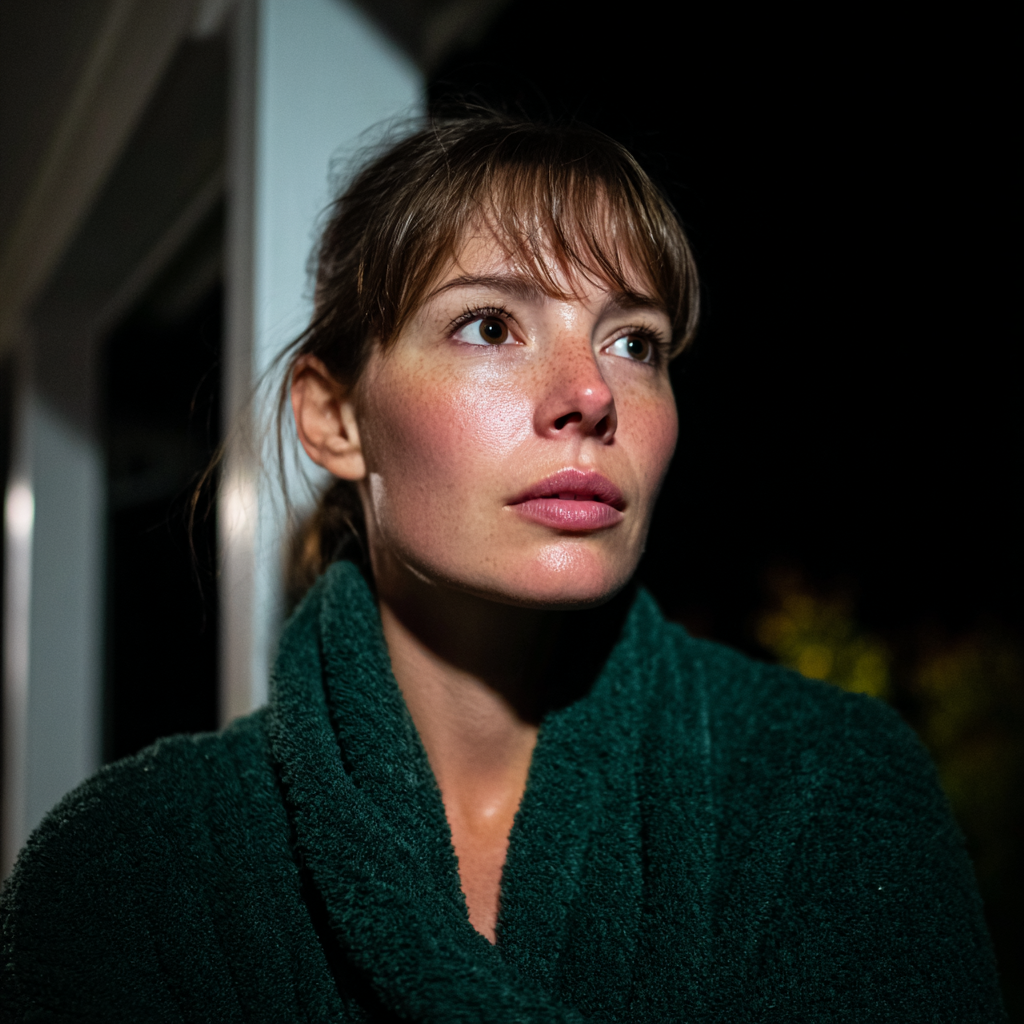 Eine Frau steht in ihrem Morgenmantel auf einer Veranda | Quelle: Midjourney