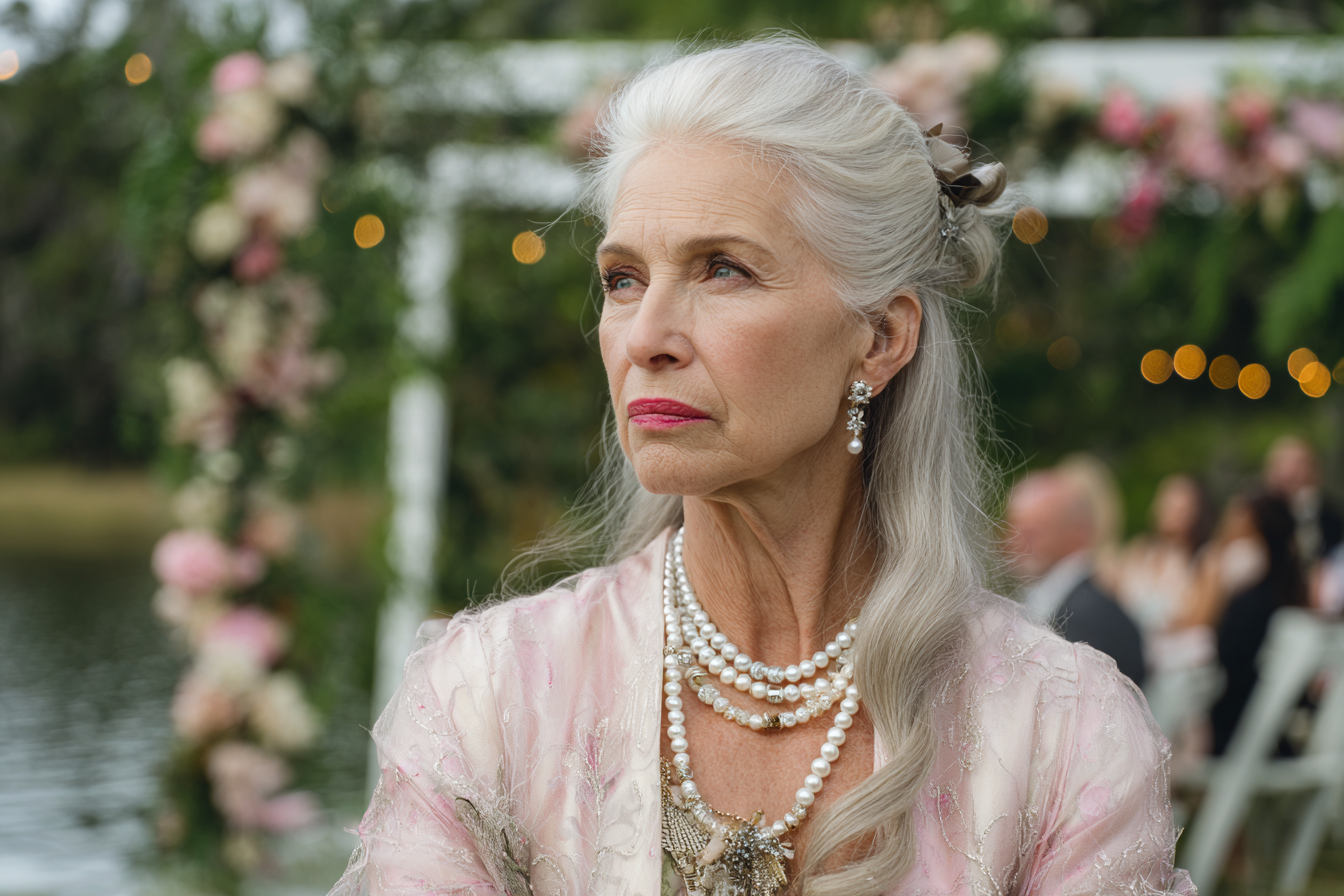 Eine ältere Frau steht bei einer Hochzeit im Freien | Quelle: Midjourney