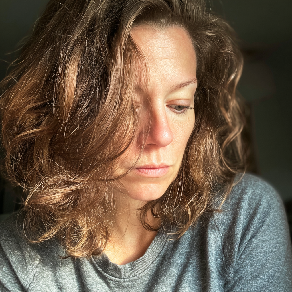 Eine müde Mutter, die einen grauen Pullover trägt | Quelle: Midjourney