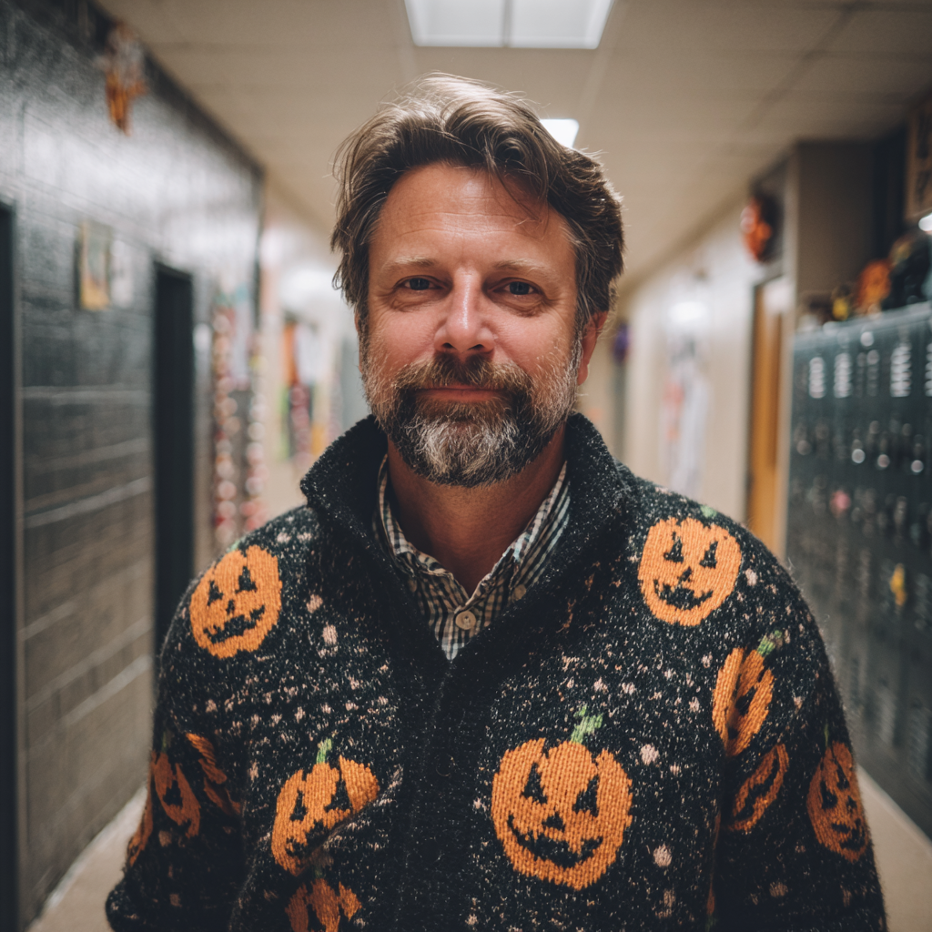 Ein lächelnder Mann, der eine Kürbis-Strickjacke trägt | Quelle: Midjourney