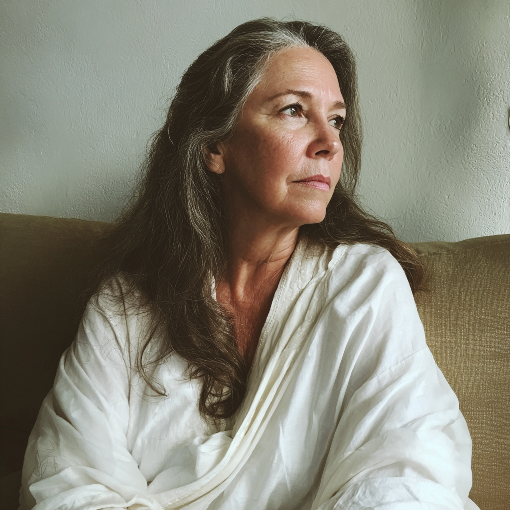 Eine nachdenkliche ältere Frau, die auf einer Couch sitzt | Quelle: Midjourney