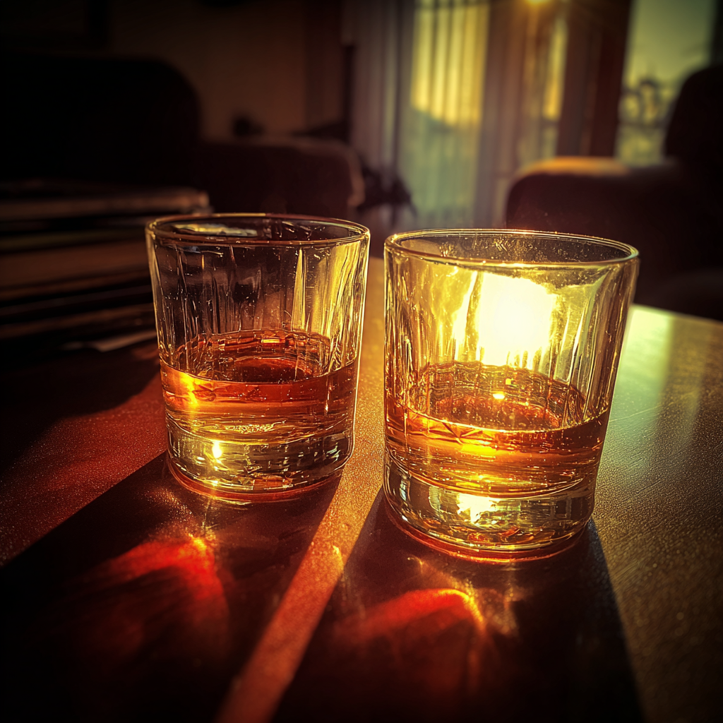 Zwei Gläser mit Whiskey auf einem Couchtisch | Quelle: Midjourney