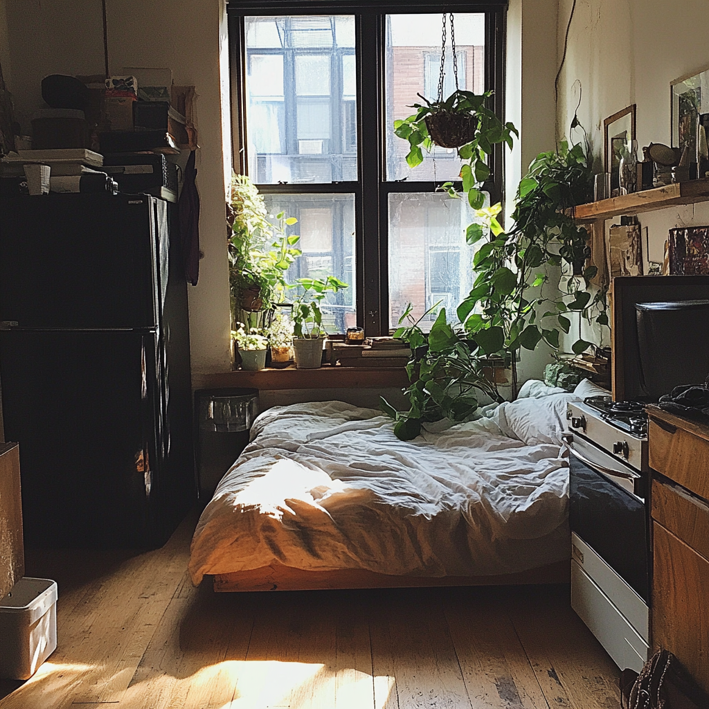 Das Innere einer winzigen, einfachen Studiowohnung | Quelle: Midjourney