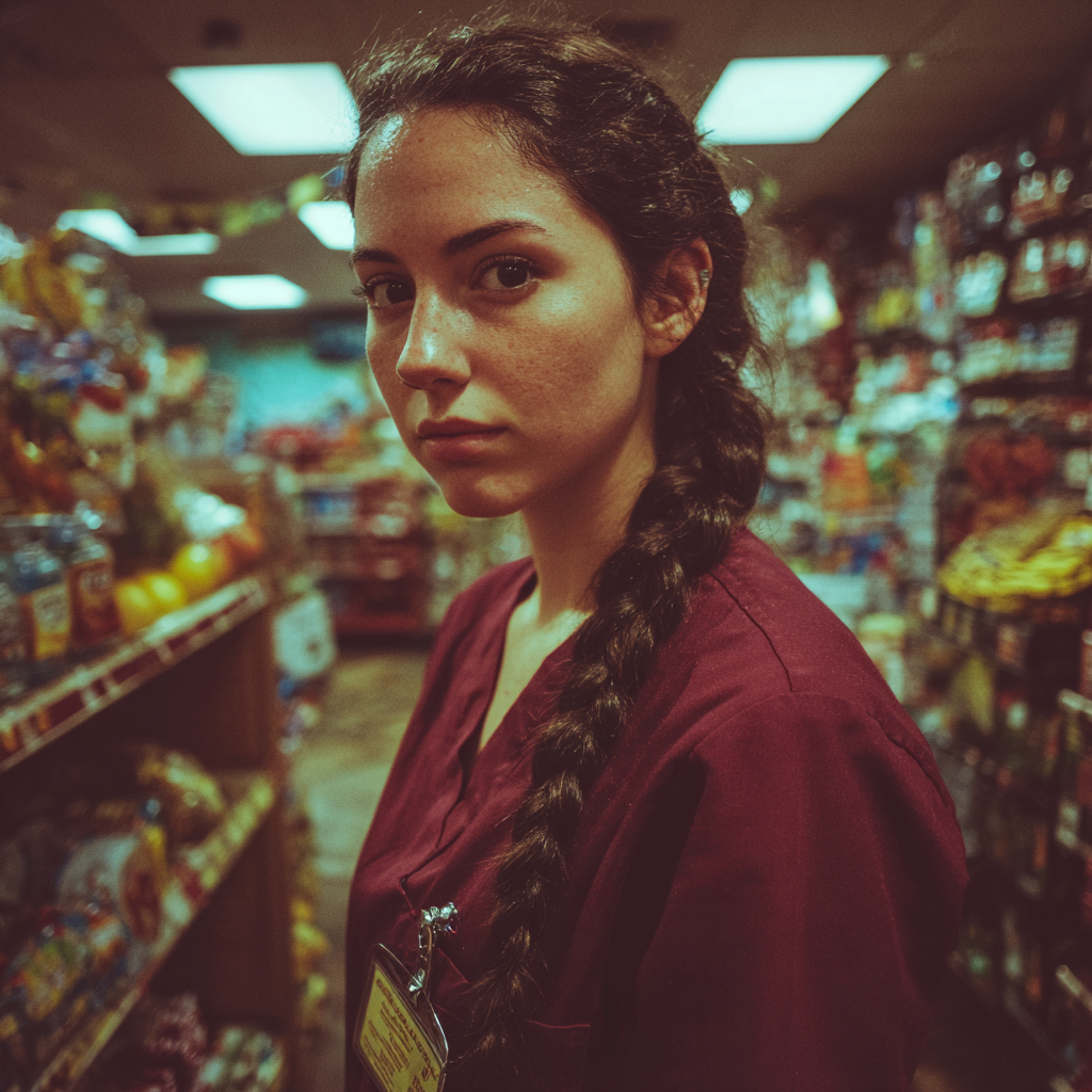 Eine nachdenkliche Krankenschwester im kastanienbraunen Kittel | Quelle: Midjourney