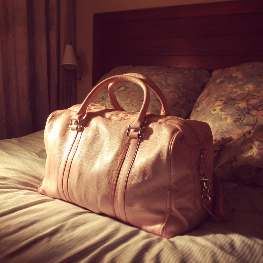 Eine blassrosa Tasche auf einem Bett | Quelle: Midjourney