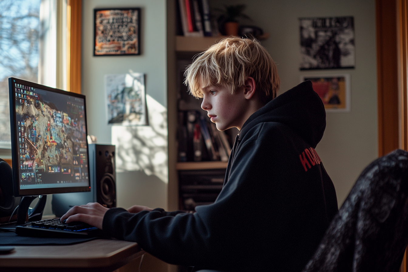 Ein blonder Teenager spielt Computerspiele | Quelle: Midjourney